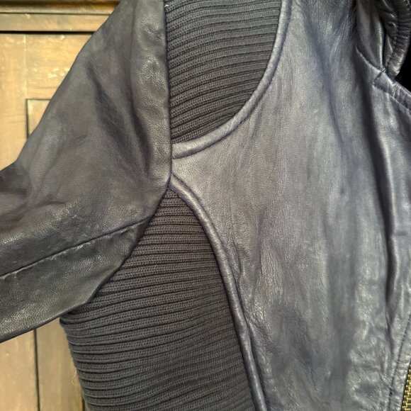 Dark Blue Doma Mixed Media Leather Jacket - Biker Style with removable hood - Picture 5 of 12